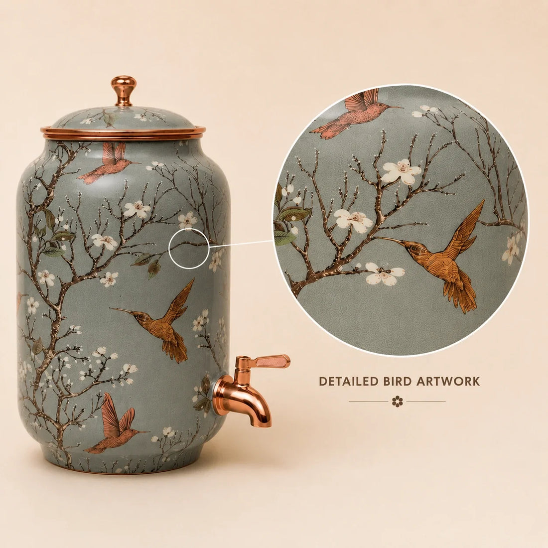 Pure Copper Floral Bird Meenakari Water Dispenser 4L-8L | Handcrafted & Luxury