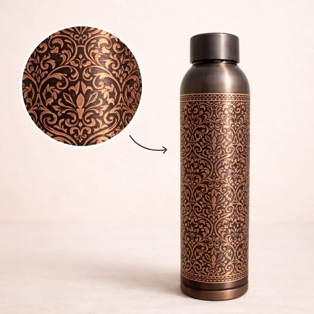 Pure Copper Antique Engraved Water Bottle | Handcrafted & Luxury