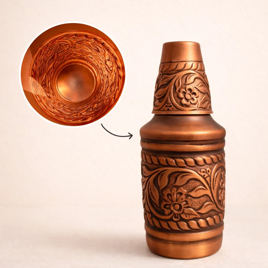 Pure Copper Hand Carved Water Pitcher | Handcrafted & Luxury
