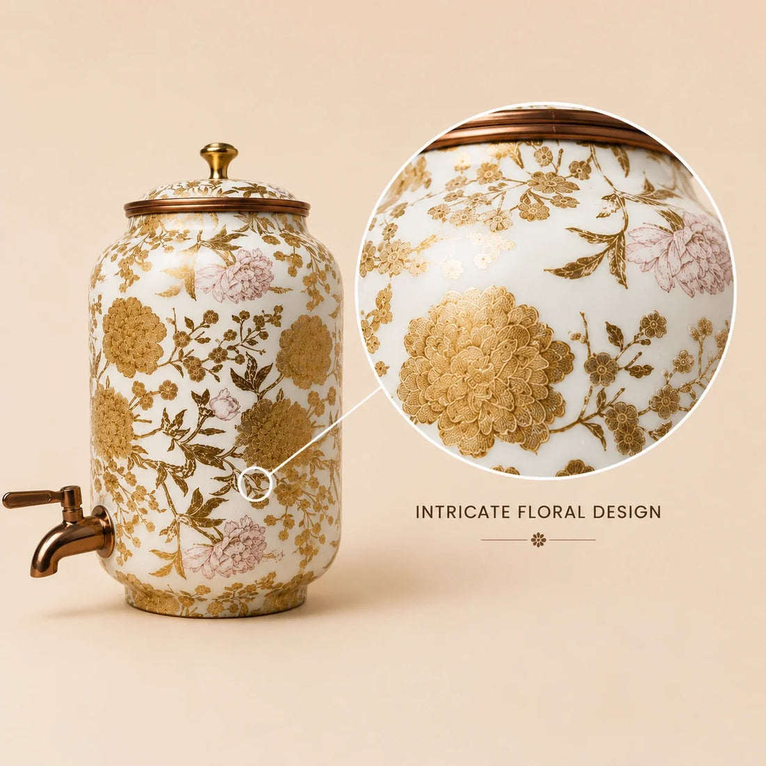 Pure Copper Floral Gold Meenakari Water Dispenser 4L-8L | Handcrafted & Luxury