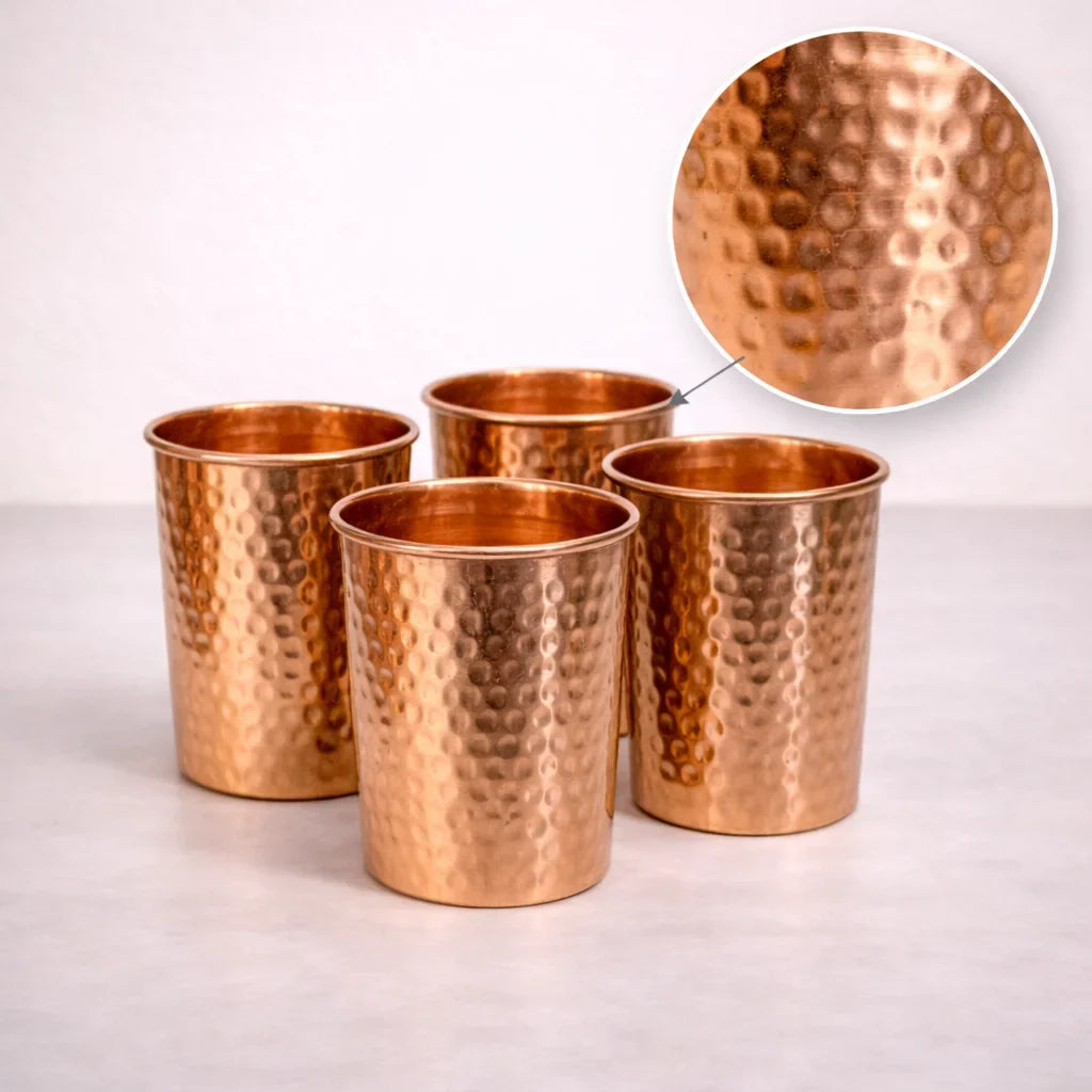 Pure Copper Hammered Drinking Glasses – Set of 4 | Handcrafted