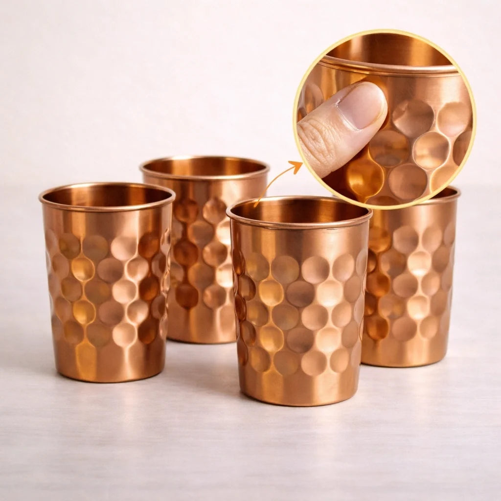 Pure Copper Diamond Drinking Glasses – Set of 4 | Handcrafted