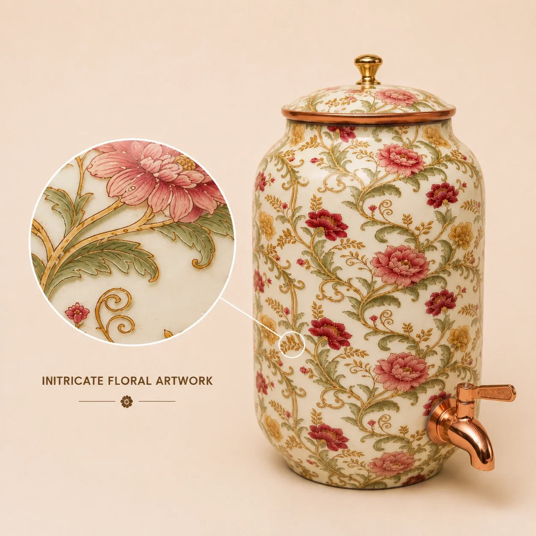 Pure Copper Floral Meenakari Water Dispenser 4L-8L | Handcrafted & Luxury