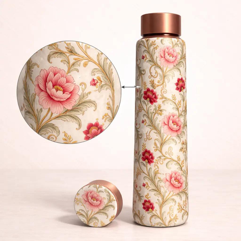 Pure Copper Floral Meenakari Water Bottle | Handcrafted & Luxury